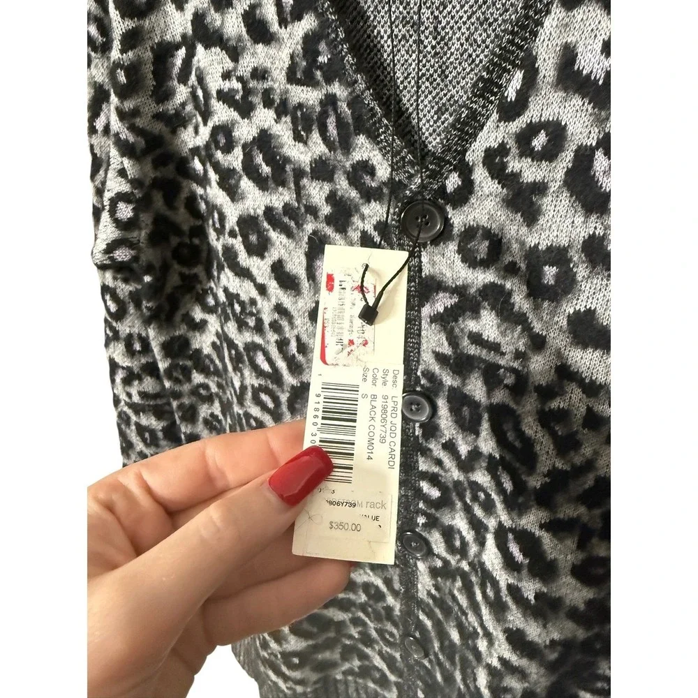 La Vie Rebecca Taylor Leopard Print Cardigan Grey Black Jacquard Sweater NWT S